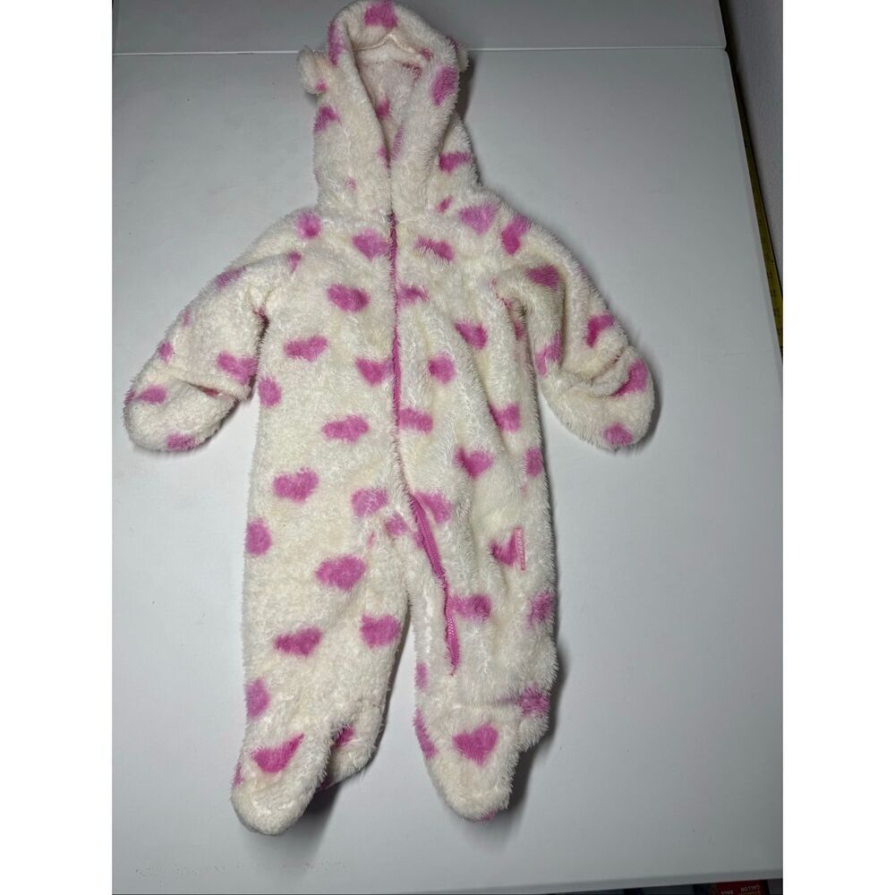 Wippette Hearts Double Sherpa Fuzzy Baby Romper Hooded Size 6/9 M Cream Pink
